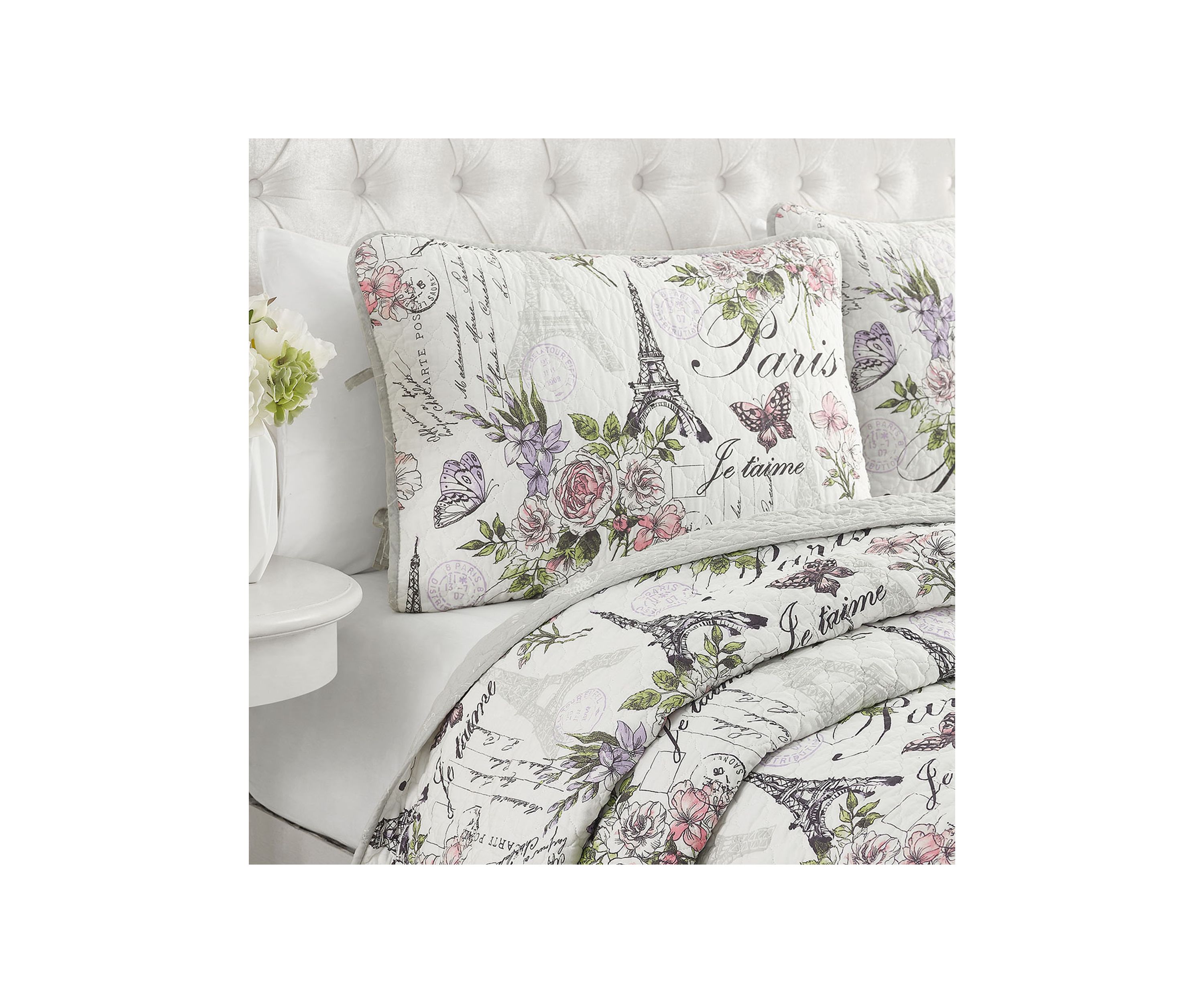 Paris Floral Cotton Reversible Quilt Set
