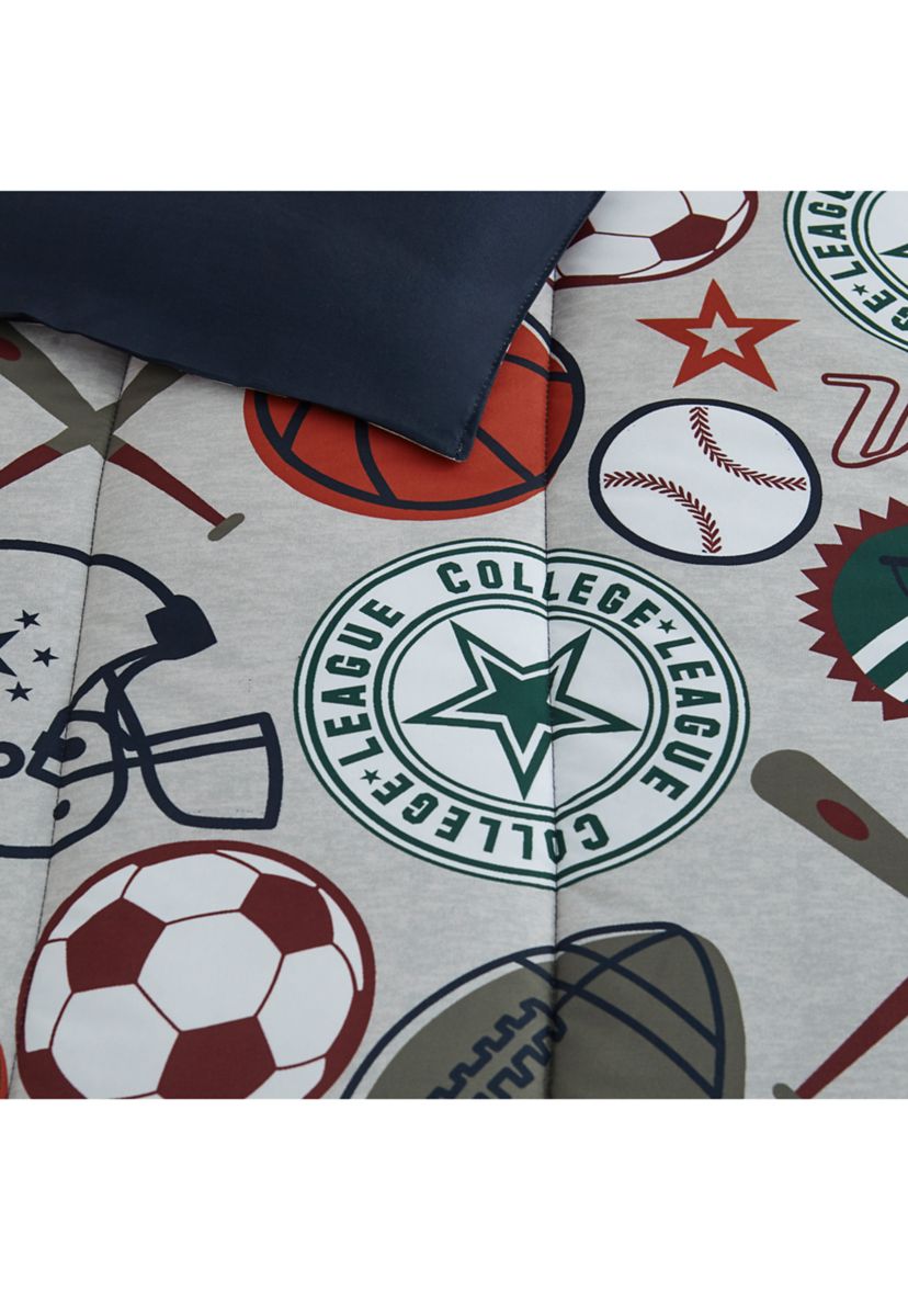 League Sports Gray Comforter Set with Basket Ball Pillow and Sports Themed Wall Decals