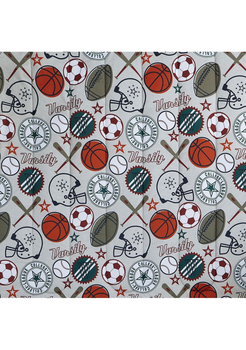 League Sports Gray Comforter Set with Basket Ball Pillow and Sports Themed Wall Decals