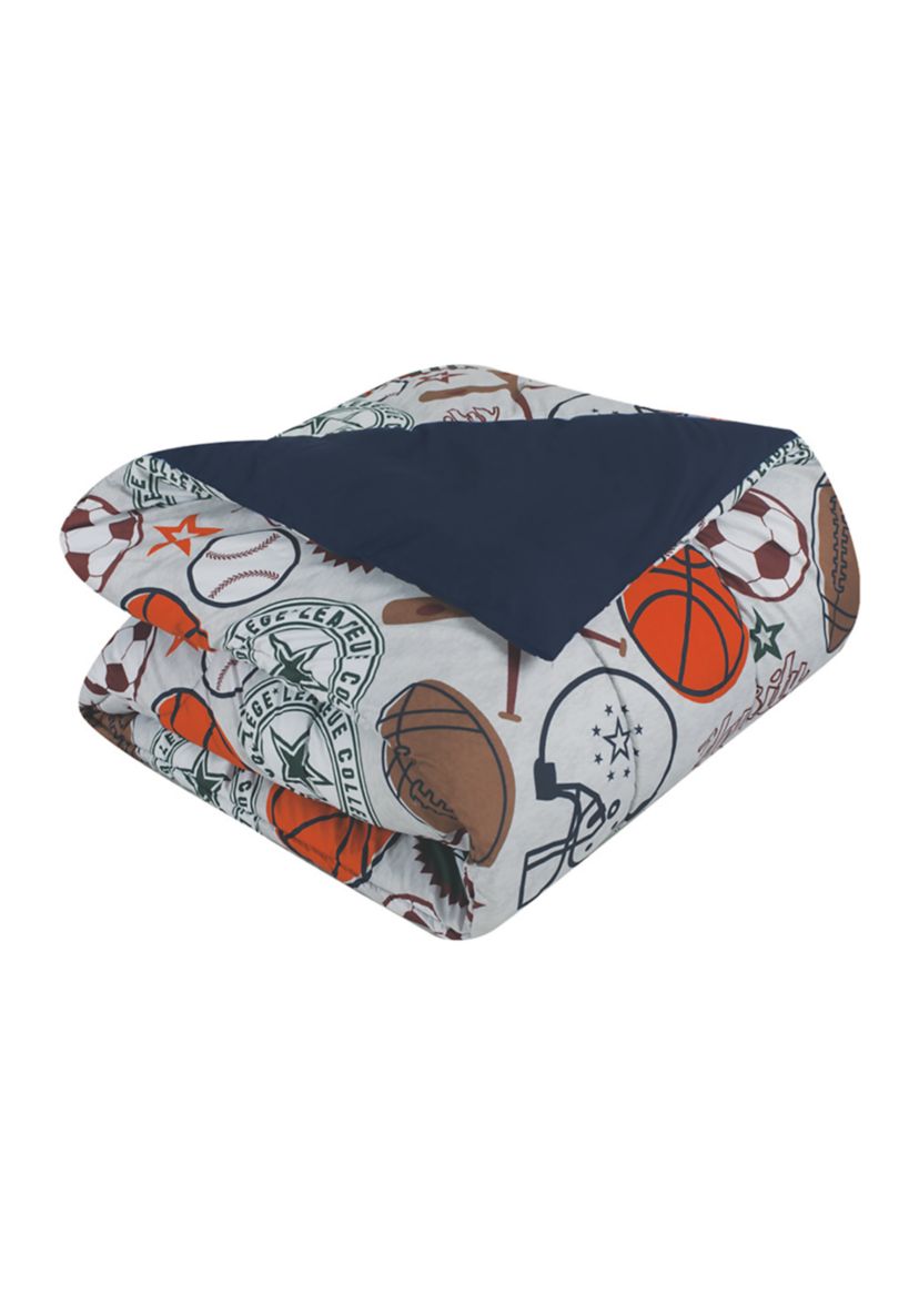 League Sports Gray Comforter Set with Basket Ball Pillow and Sports Themed Wall Decals