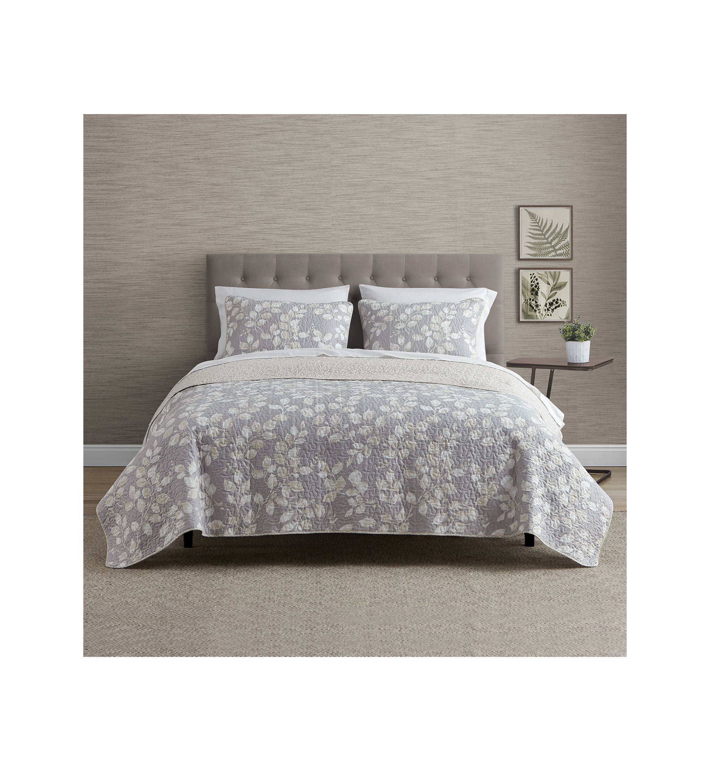 Camden Leaves Grey/Neutral Cotton Quilt Set