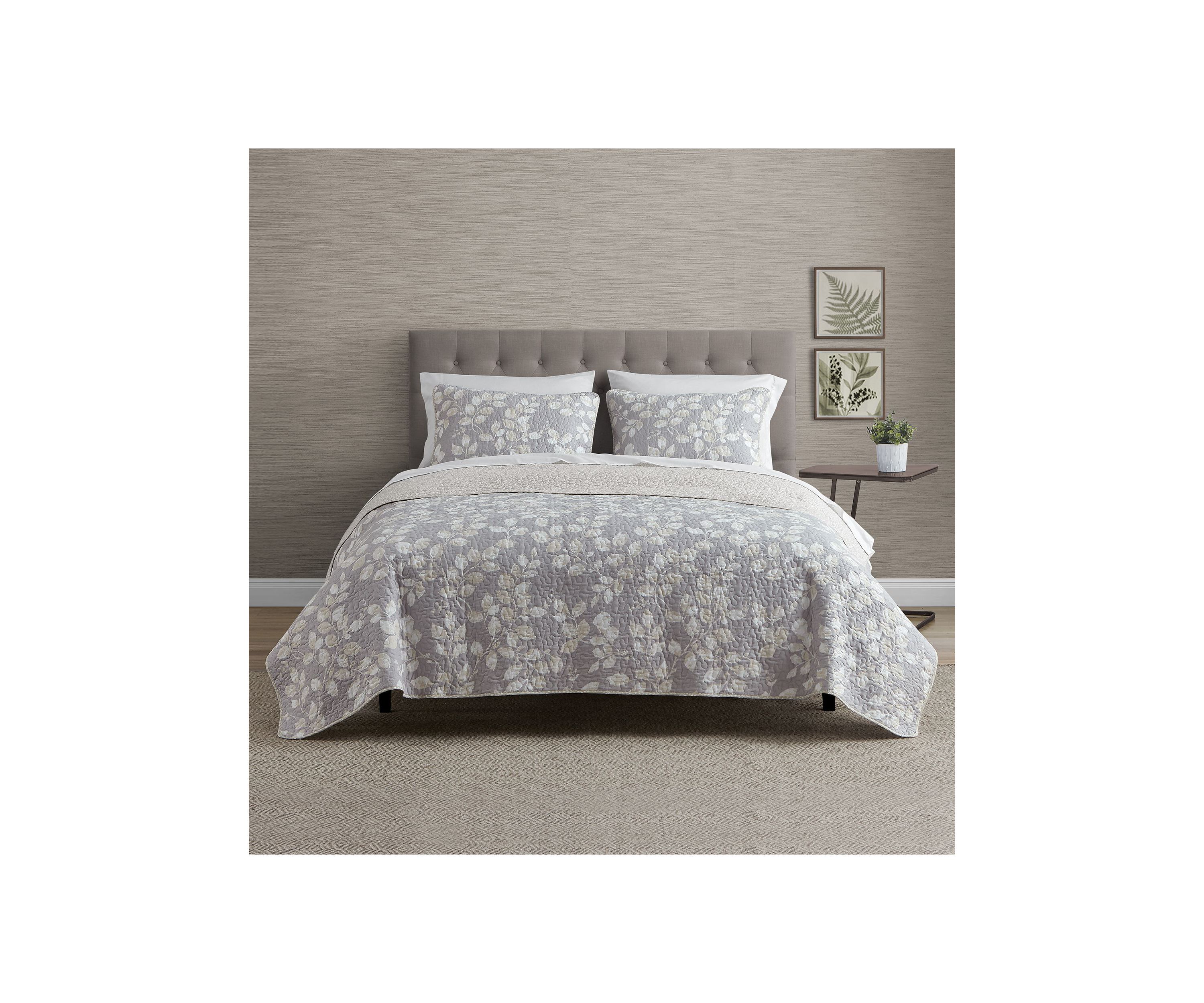 Camden Leaves Grey/Neutral Cotton Quilt Set