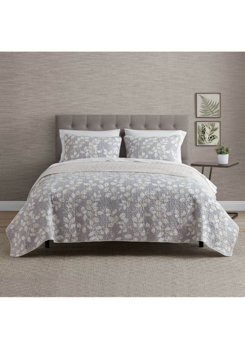 Camden Leaves Grey/Neutral Cotton Quilt Set