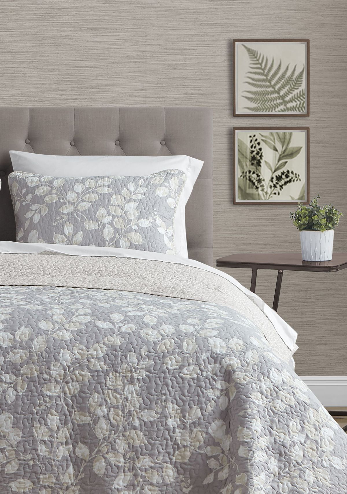 Camden Leaves Grey/Neutral Cotton Quilt Set