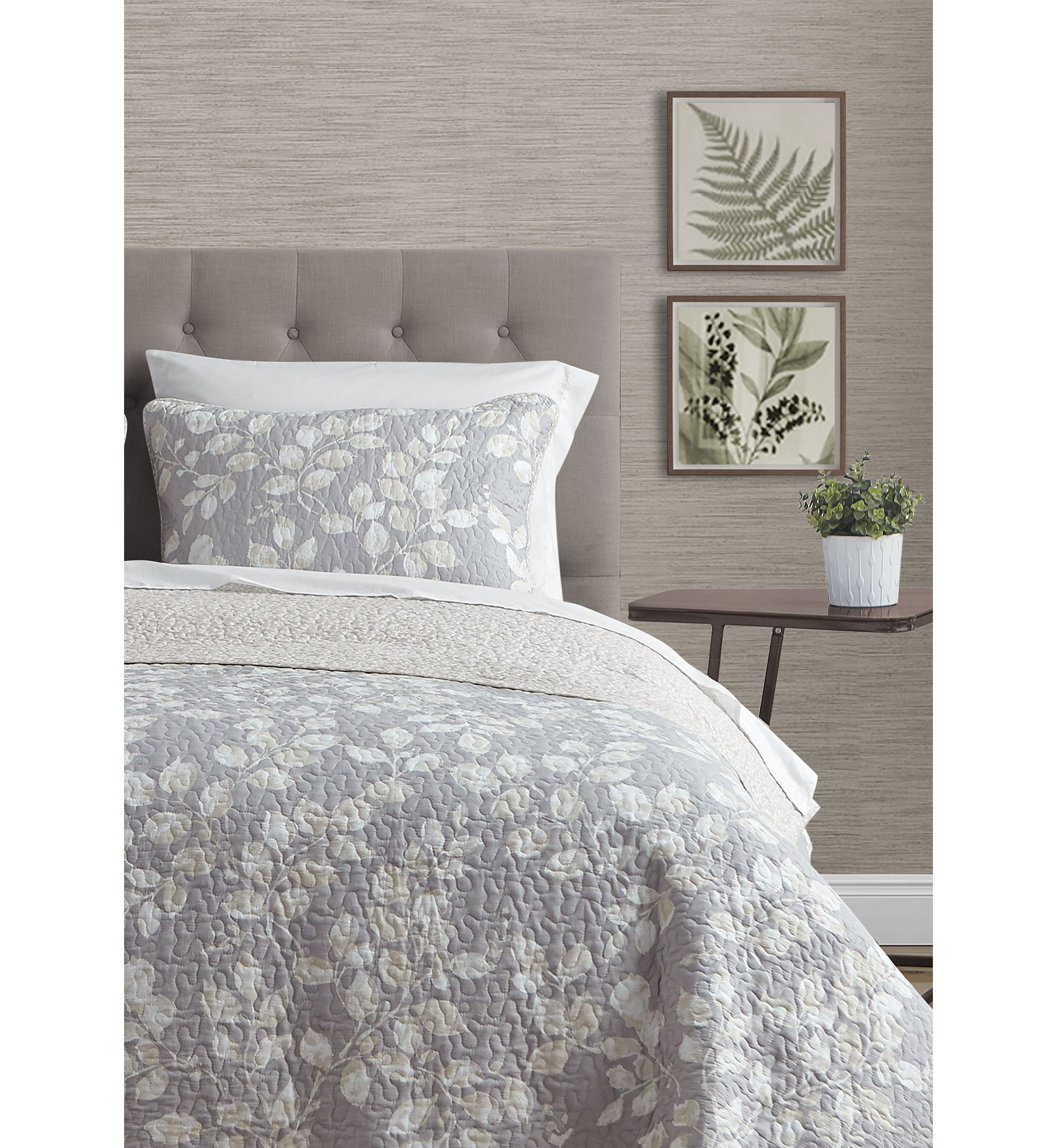Camden Leaves Grey/Neutral Cotton Quilt Set