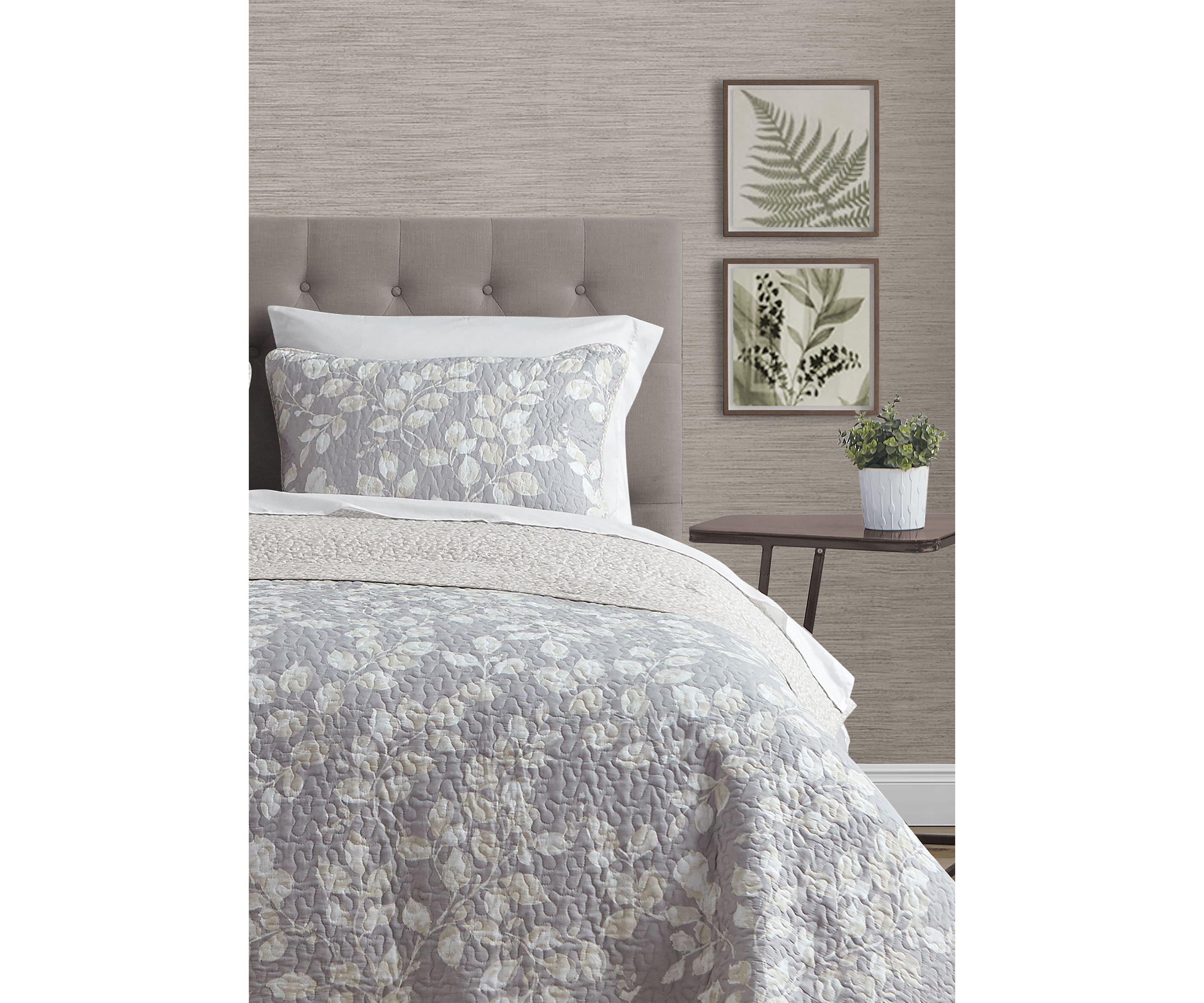 Camden Leaves Grey/Neutral Cotton Quilt Set