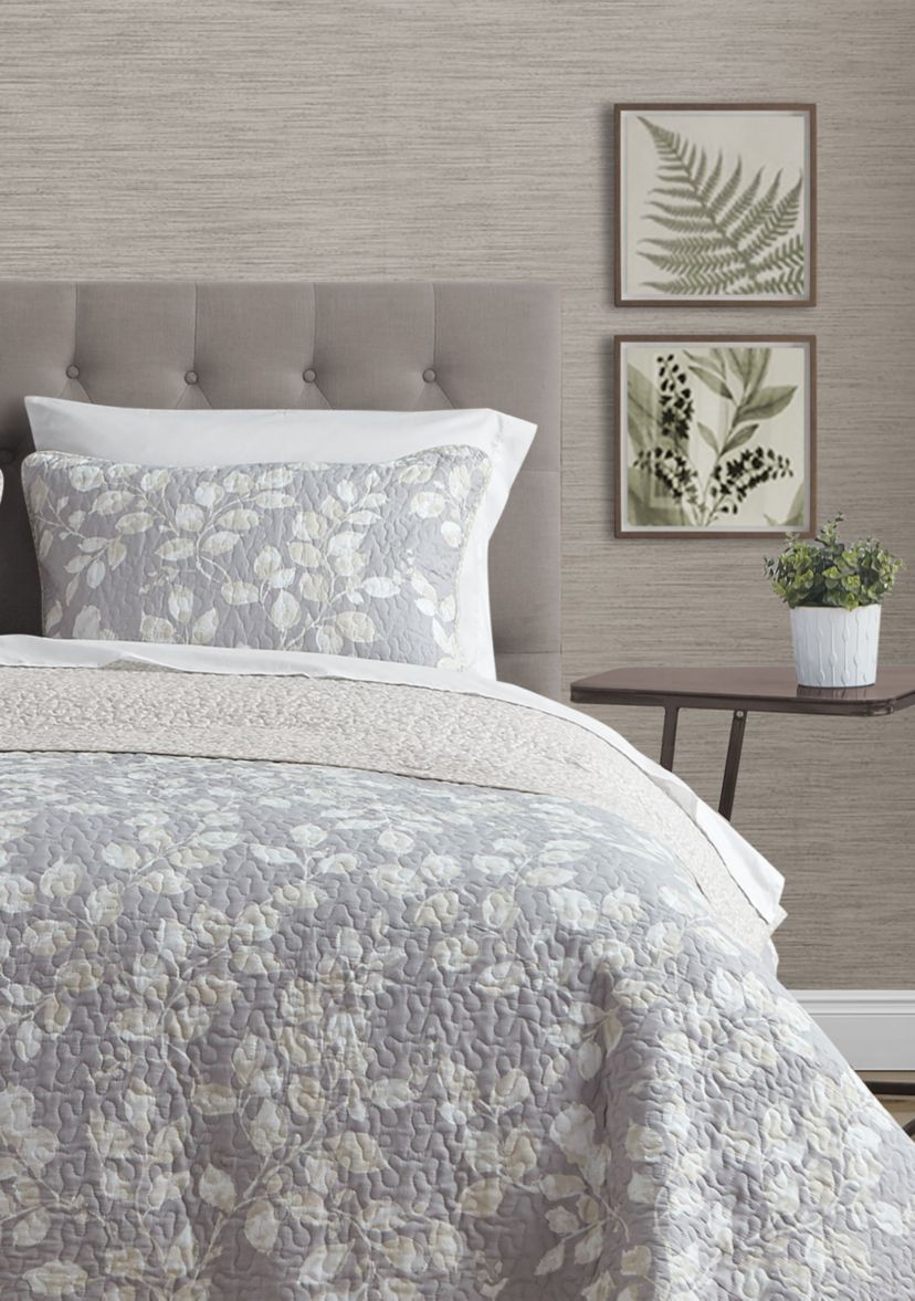 Camden Leaves Grey/Neutral Cotton Quilt Set