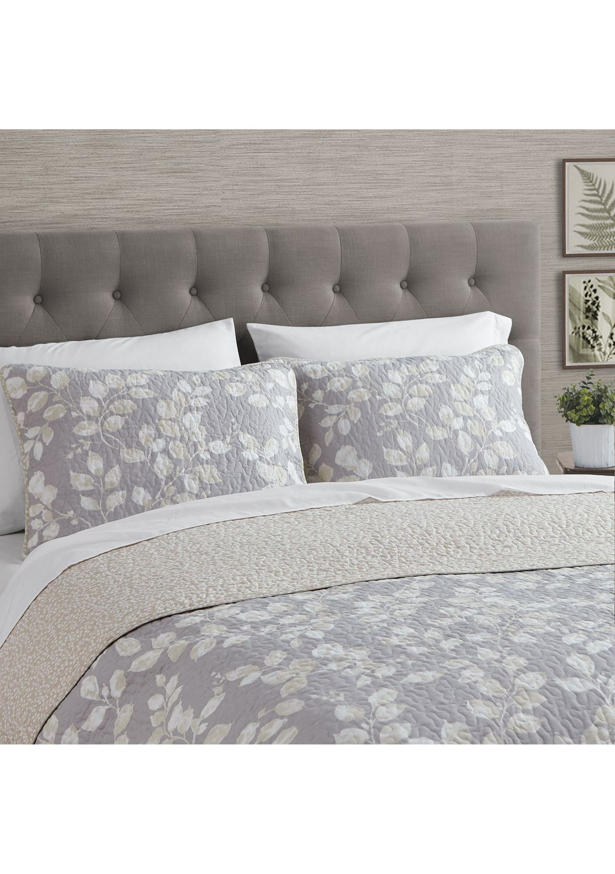 Camden Leaves Grey/Neutral Cotton Quilt Set