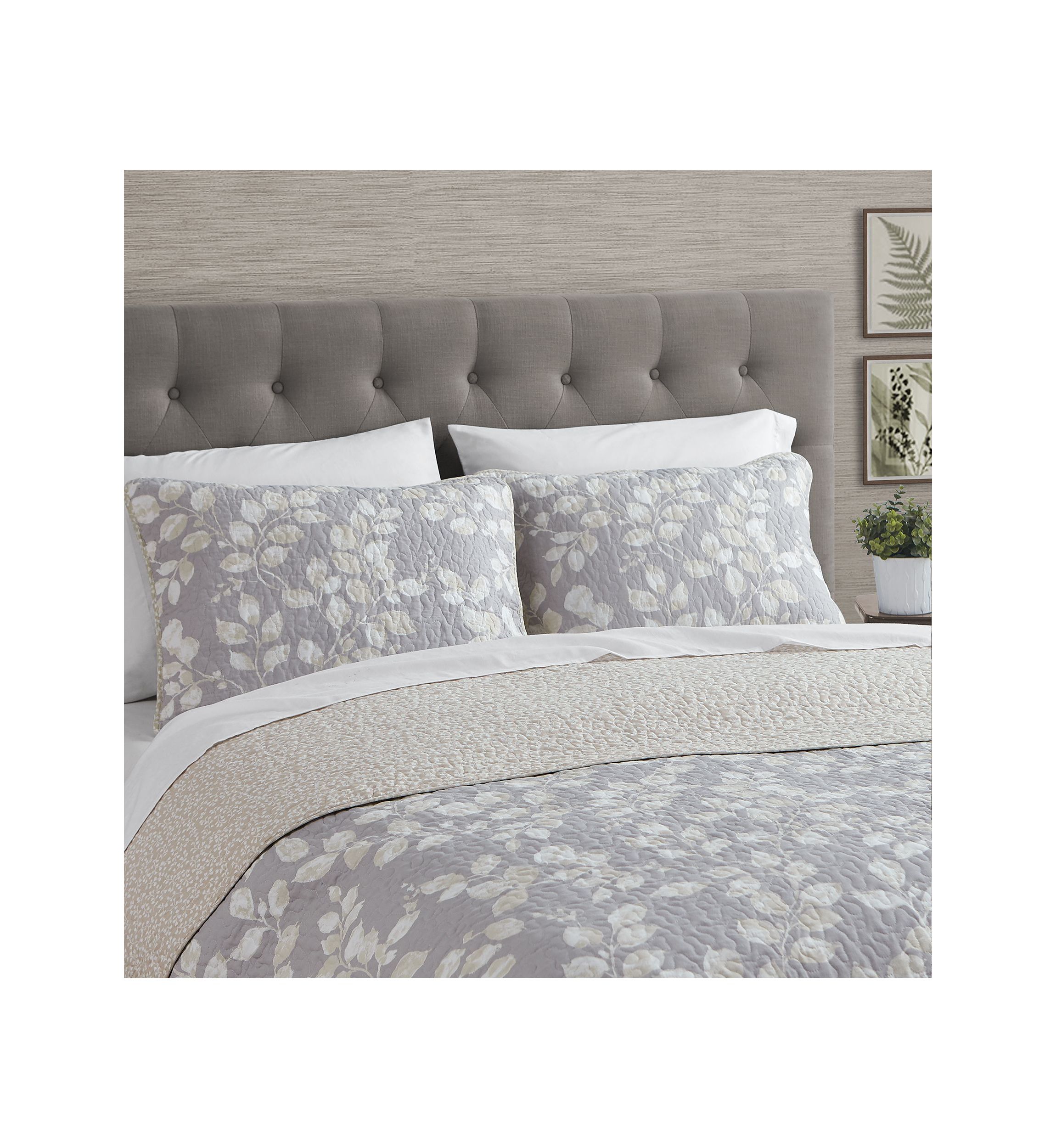 Camden Leaves Grey/Neutral Cotton Quilt Set