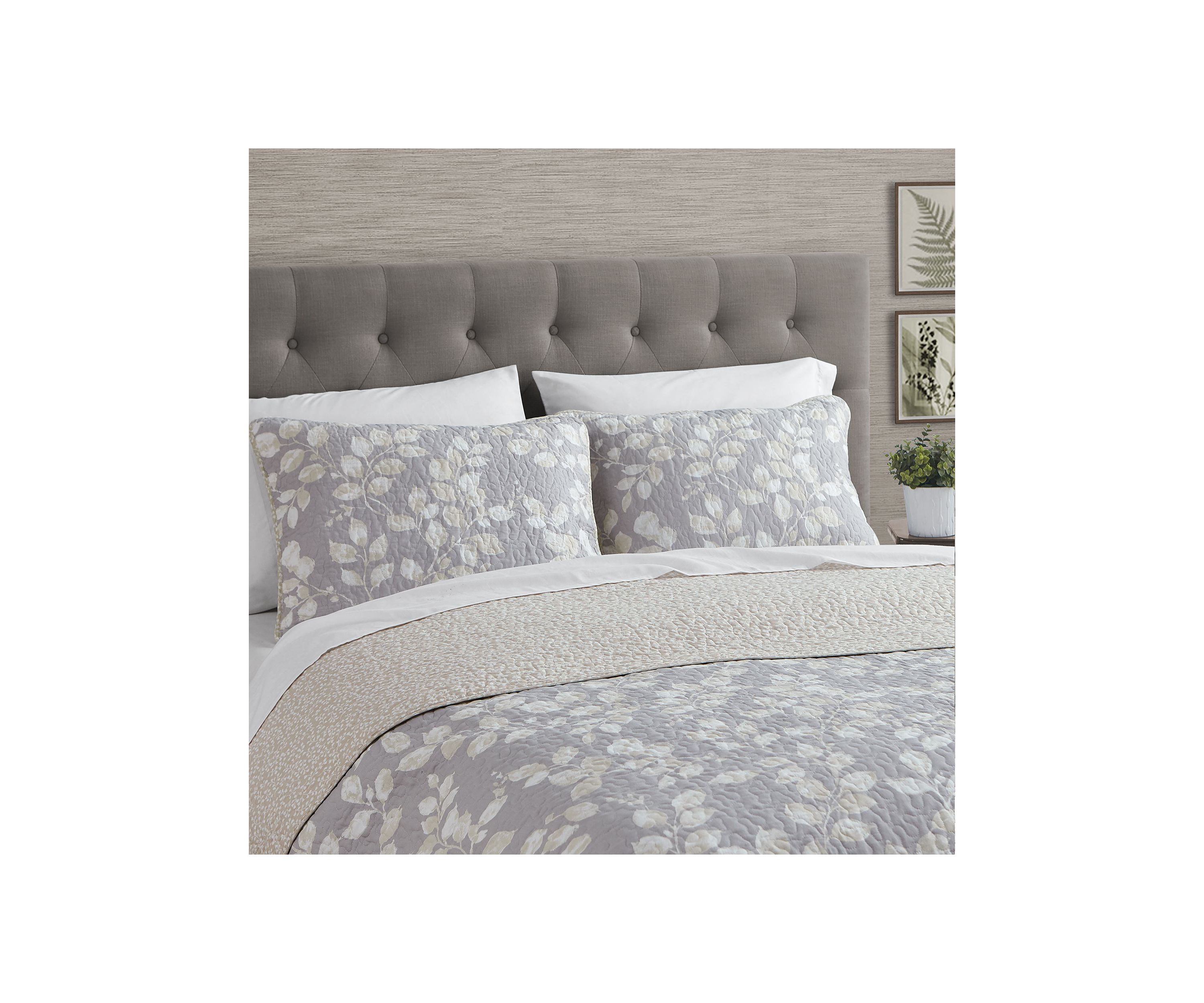 Camden Leaves Grey/Neutral Cotton Quilt Set