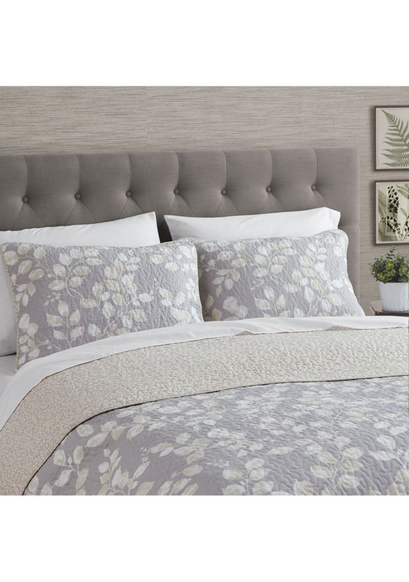 Camden Leaves Grey/Neutral Cotton Quilt Set