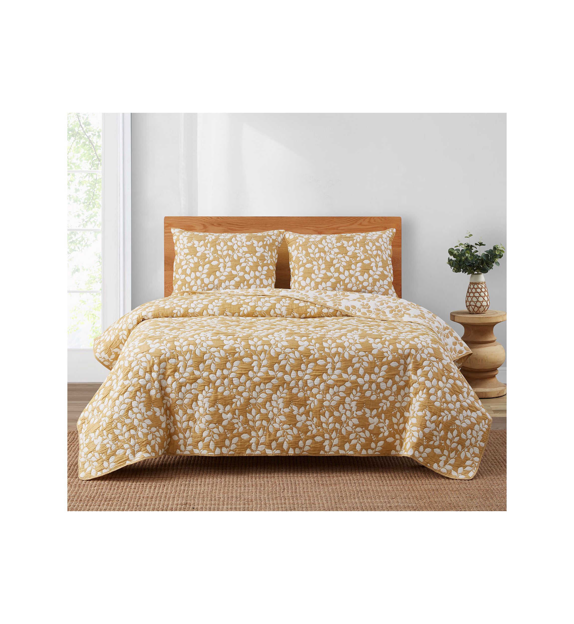 Camden Leaf Turmeric Soft Matelasse Jacquard Quilt Set