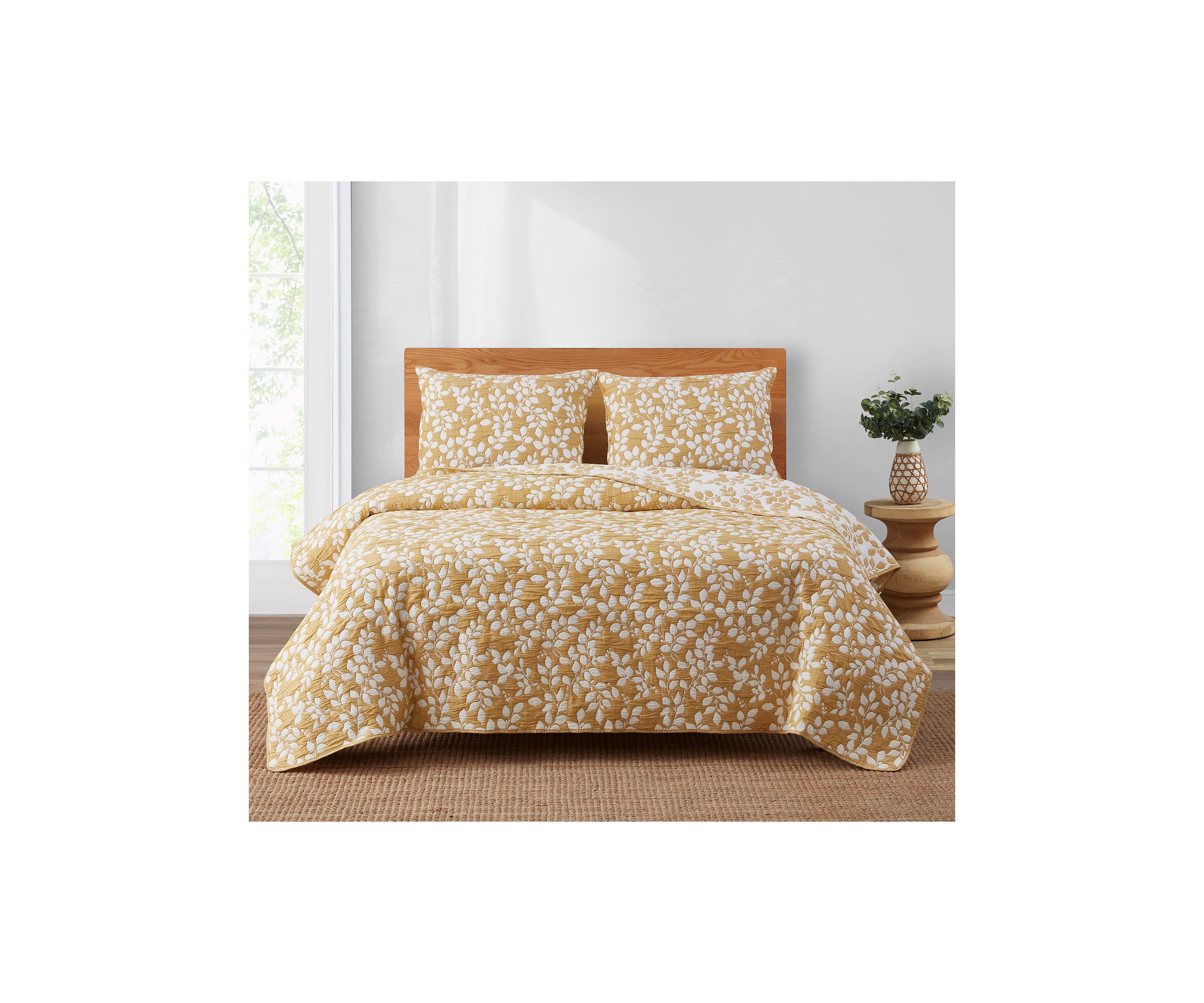 Camden Leaf Turmeric Soft Matelasse Jacquard Quilt Set