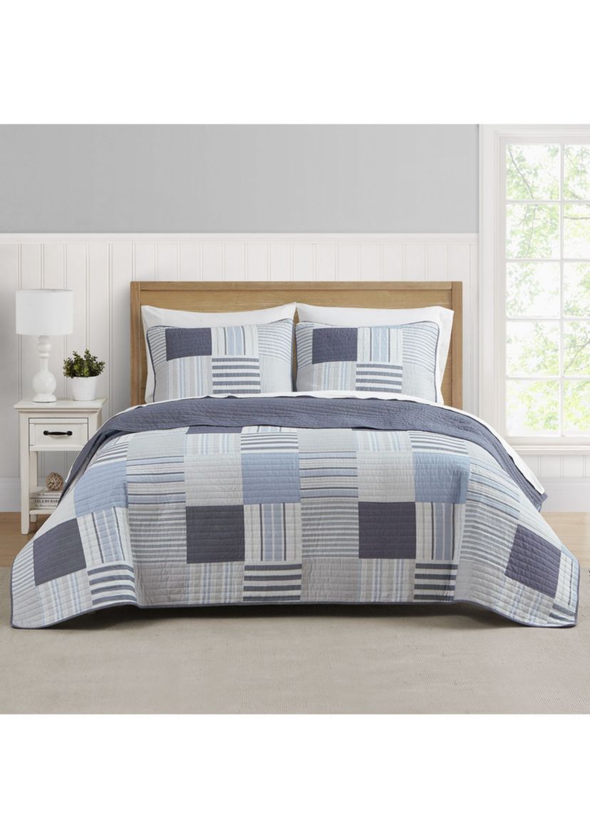Lido Patch Blue/Grey Cotton Quilt Set