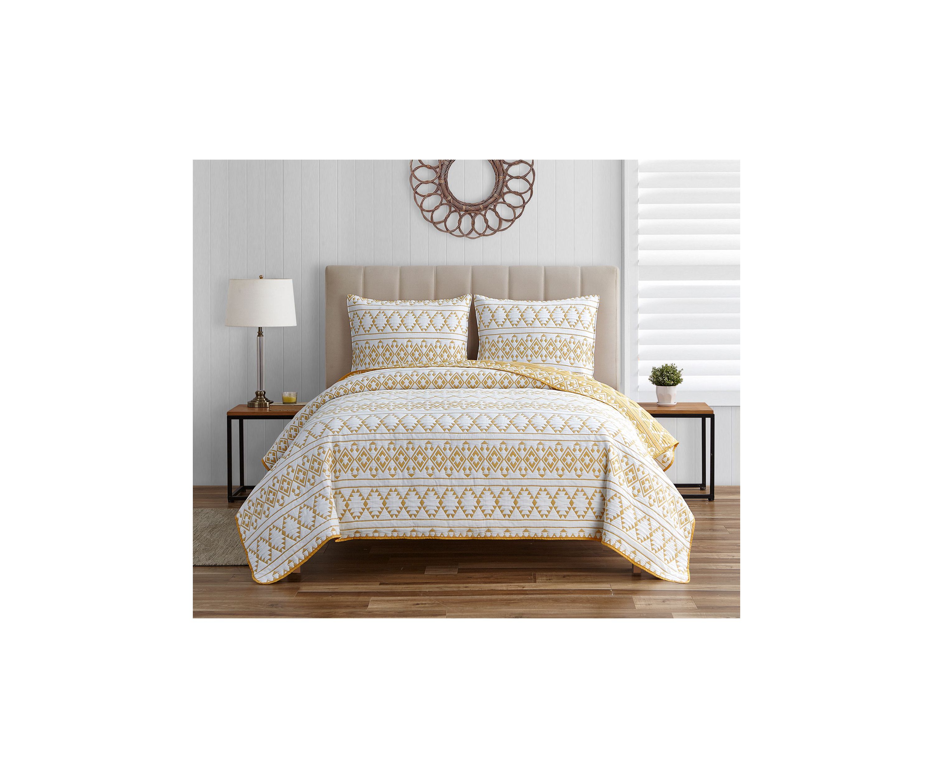 Kai Tribal Spicy Mustard Soft Matelasse Jacquard Quilt Set