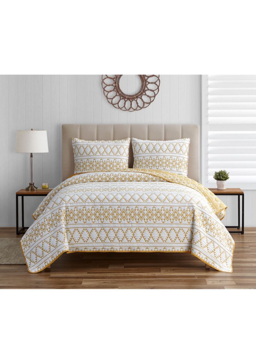 Kai Tribal Spicy Mustard Soft Matelasse Jacquard Quilt Set