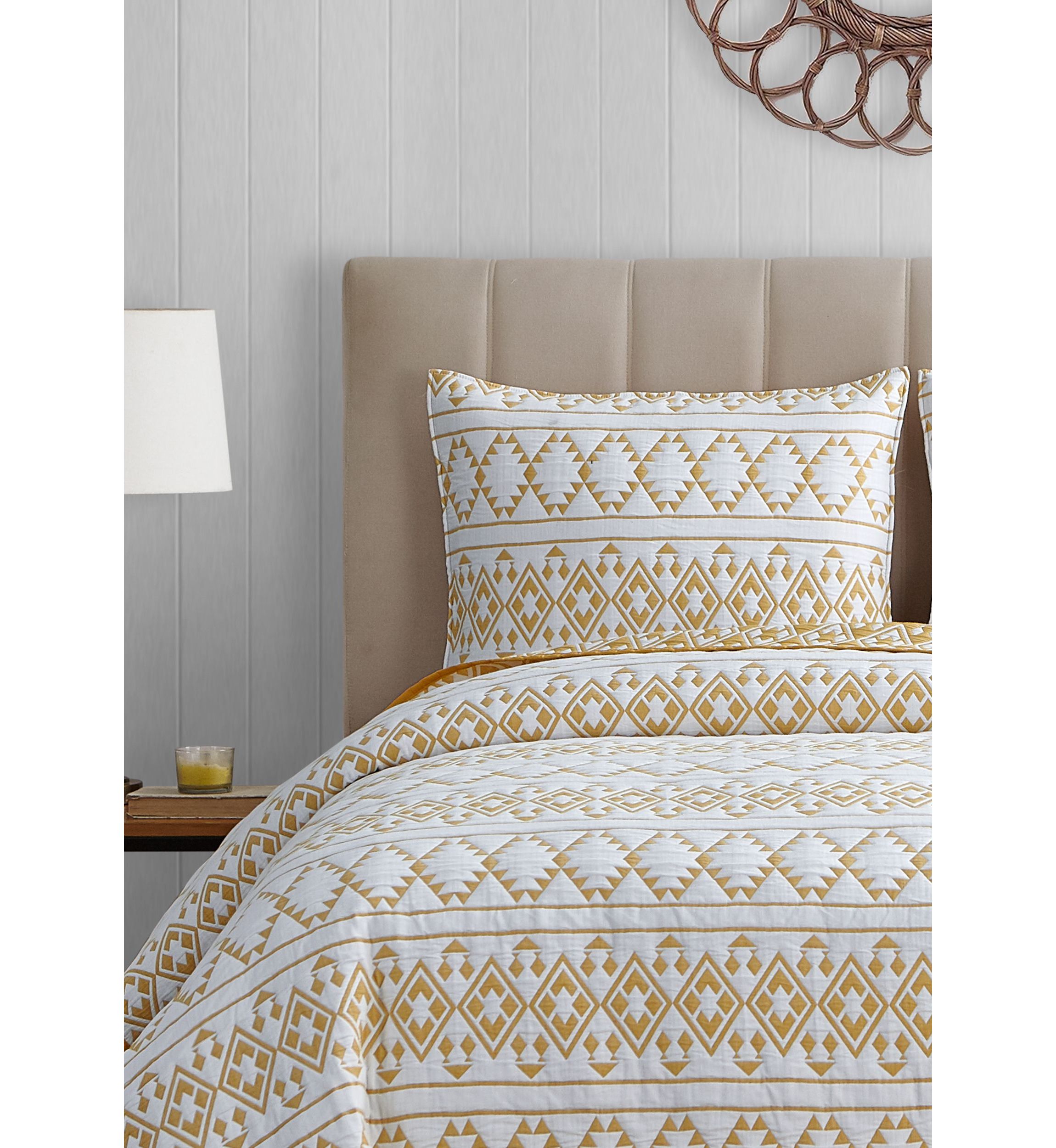 Kai Tribal Spicy Mustard Soft Matelasse Jacquard Quilt Set