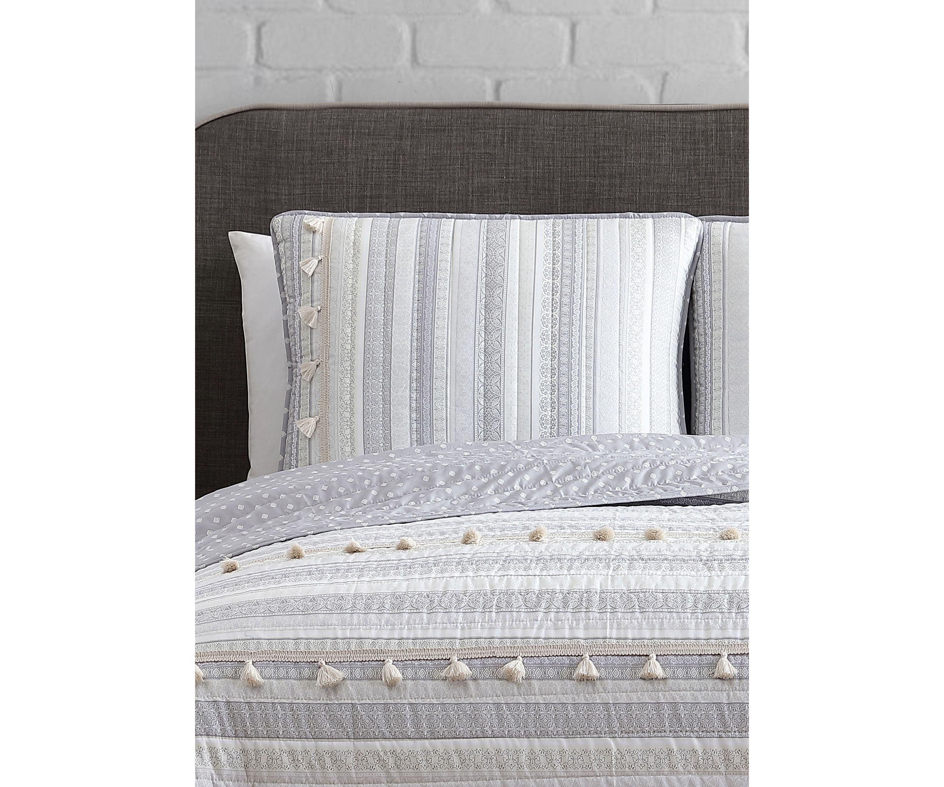 Boho Ribbon Grey Microfiber Quilt Set with Tassels