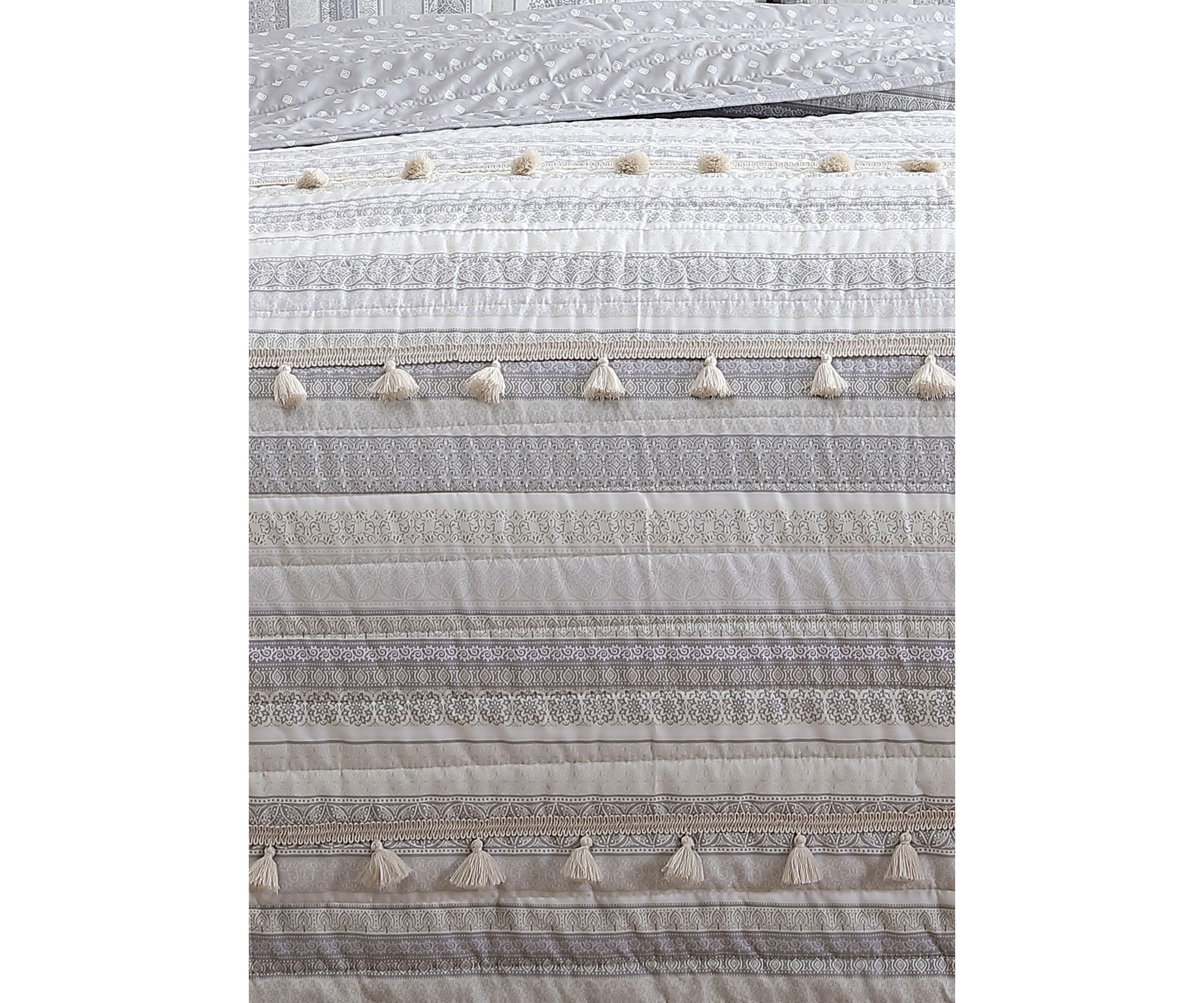 Boho Ribbon Grey Microfiber Quilt Set with Tassels