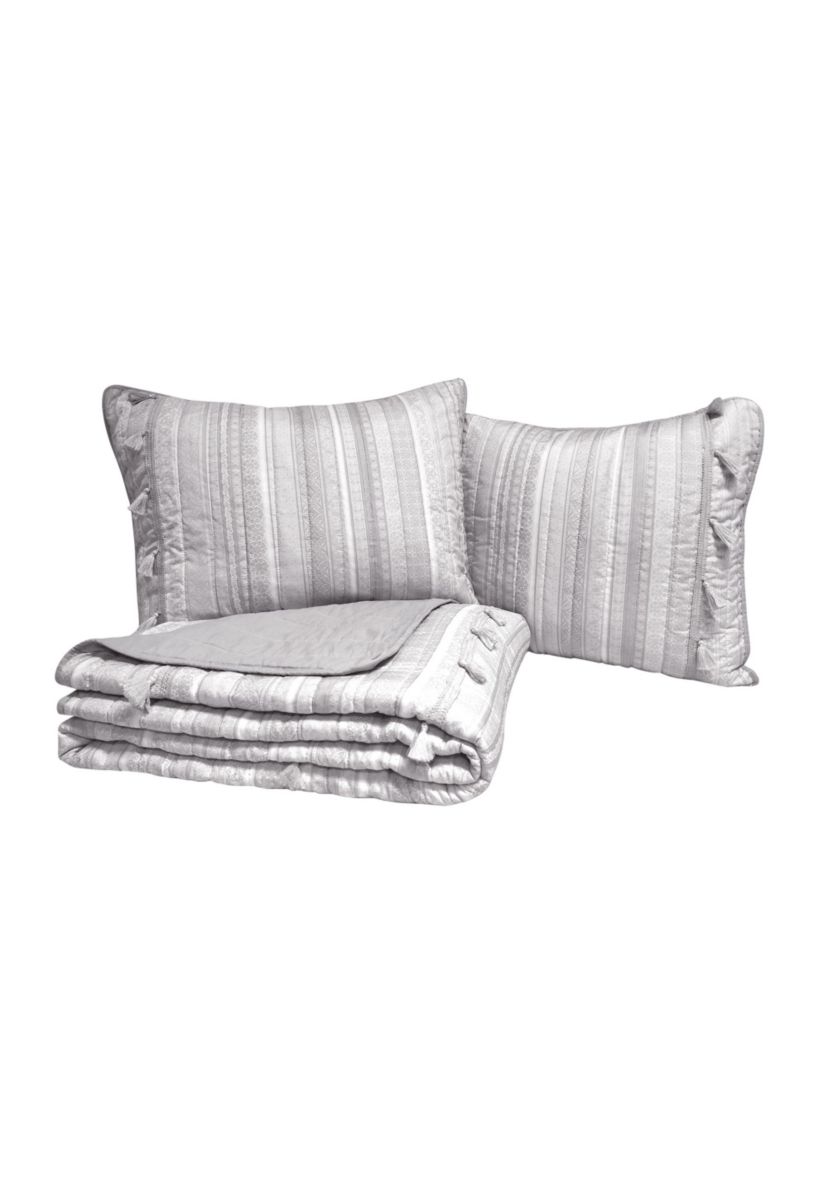 Boho Ribbon Grey Microfiber Quilt Set with Tassels
