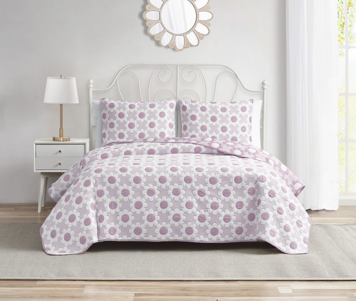 Daisy Flower Lilac 2-3 Piece Soft Matelasse Jacquard Cotton Blend Quilt Set