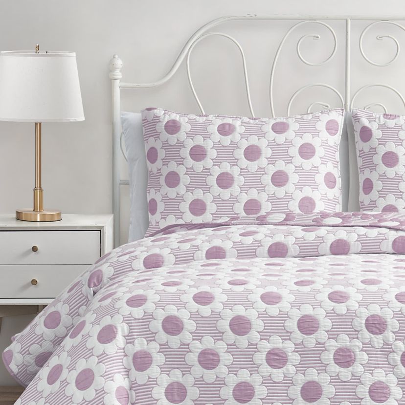 Daisy Flower Lilac 2-3 Piece Soft Matelasse Jacquard Cotton Blend Quilt Set