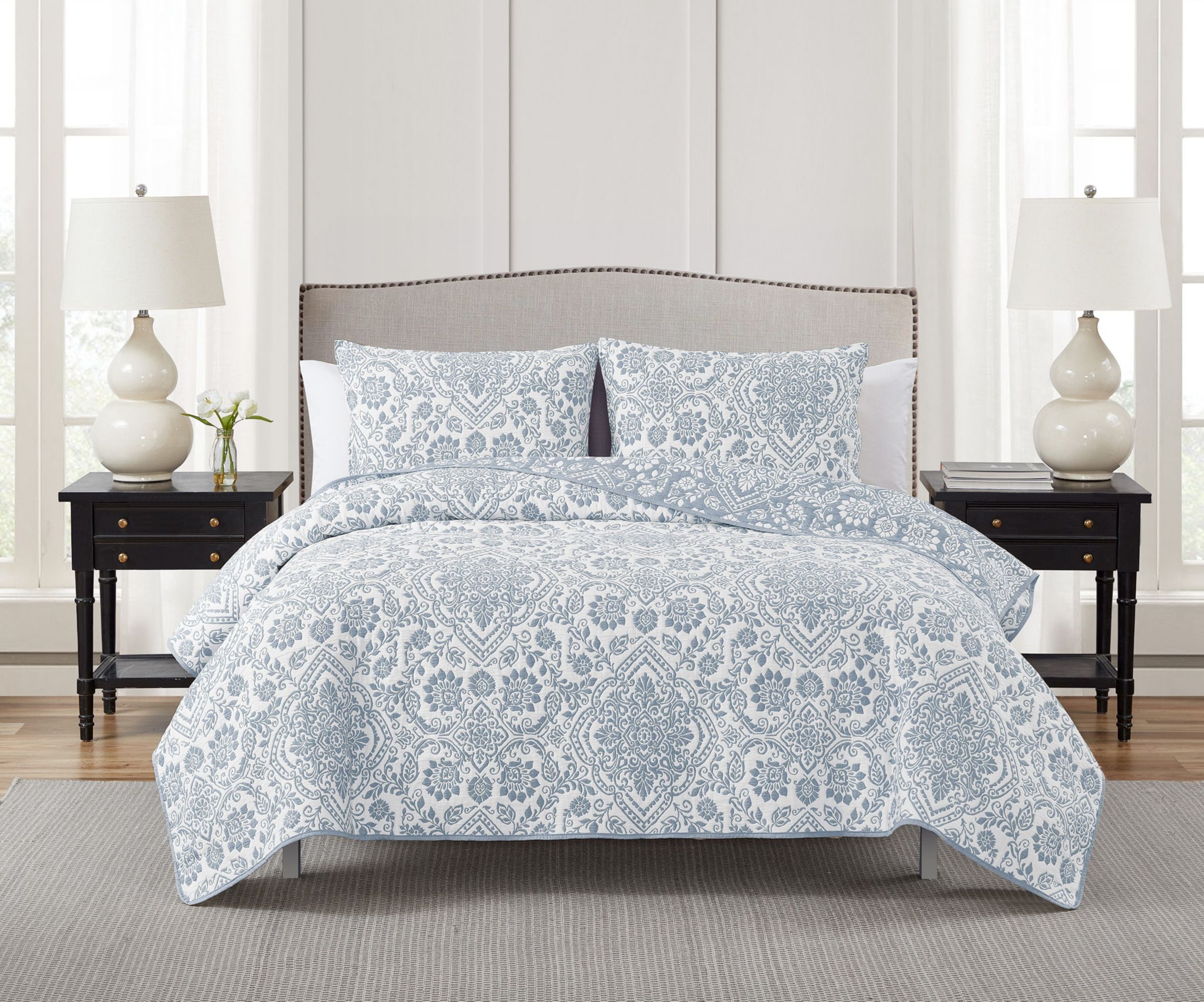 Deena Blue 2-3 Piece Soft Matelasse Jacquard Cotton Blend Quilt Set