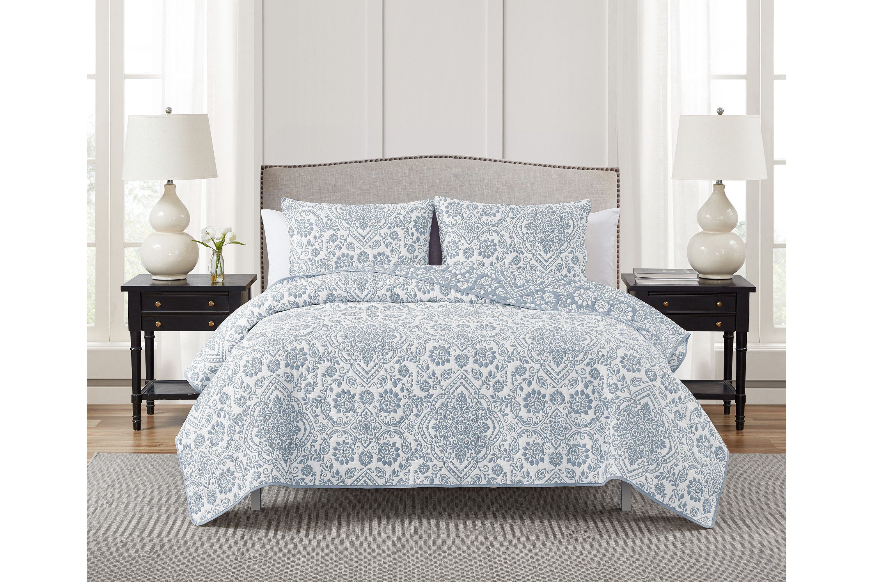 Deena Blue 2-3 Piece Soft Matelasse Jacquard Cotton Blend Quilt Set