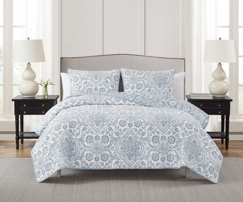 Deena Blue 2-3 Piece Soft Matelasse Jacquard Cotton Blend Quilt Set