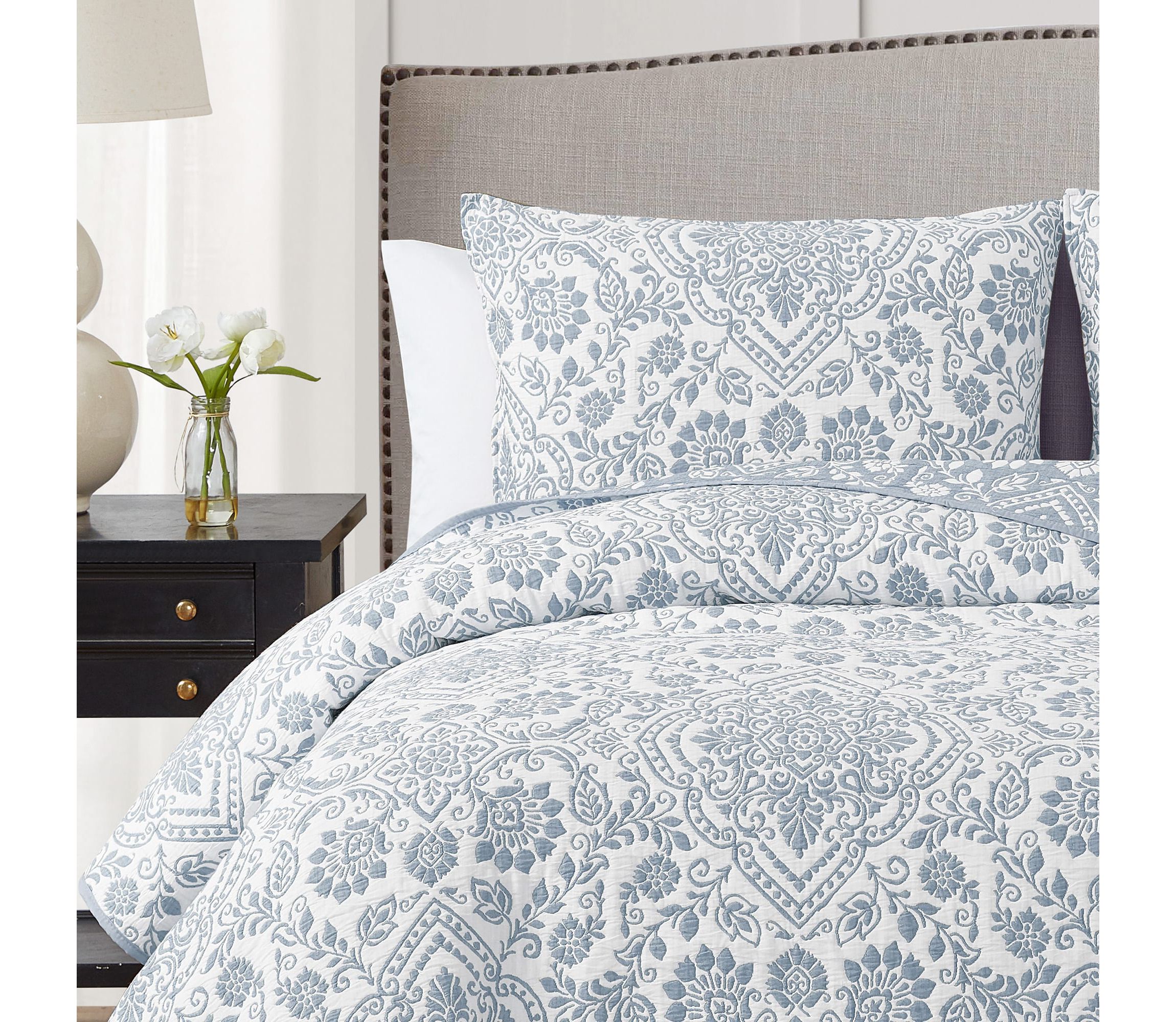 Deena Blue 2-3 Piece Soft Matelasse Jacquard Cotton Blend Quilt Set