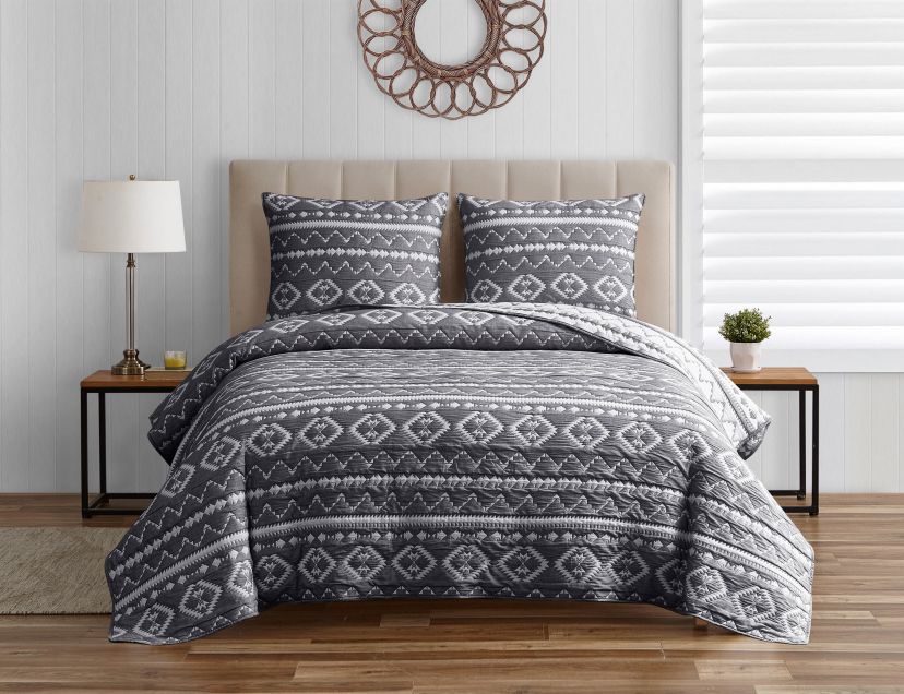Desert Stripe Dark Grey 2-3 Piece Soft Matelasse Jacquard Cotton Blend Quilt Set