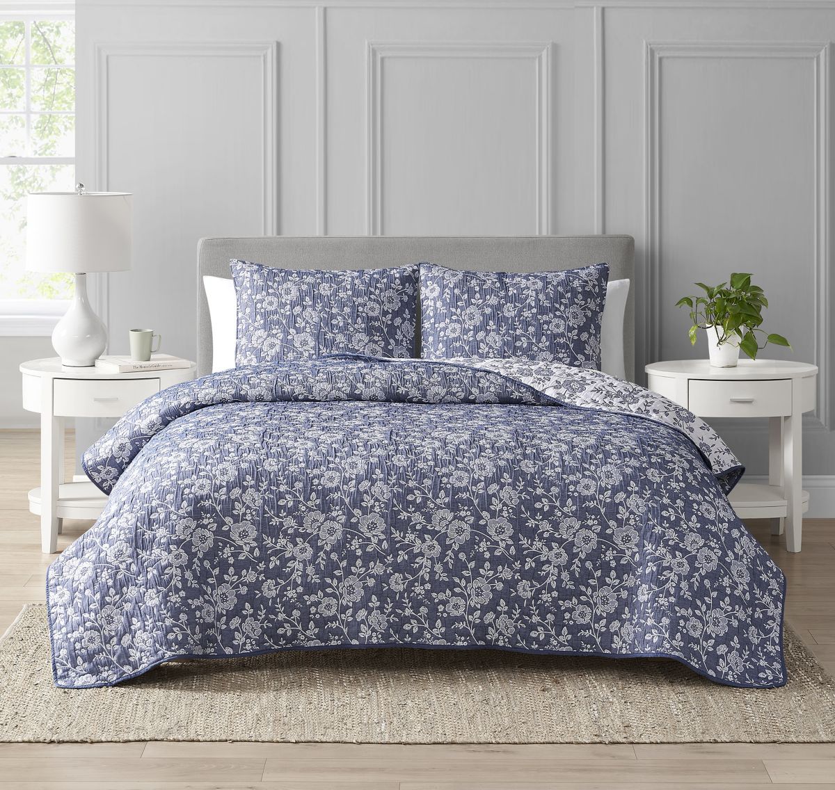 Marguerite Navy 2-3 Piece Soft Matelasse Jacquard Cotton Blend Quilt Set