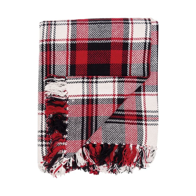 50" x 60" Fireside Plaid Red & Black Woven Fringe Accent Throw