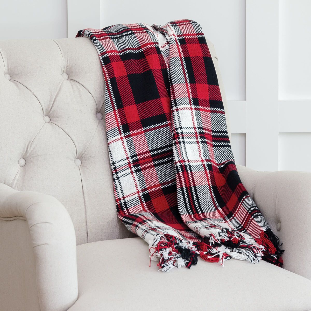 50" x 60" Fireside Plaid Red & Black Woven Fringe Accent Throw