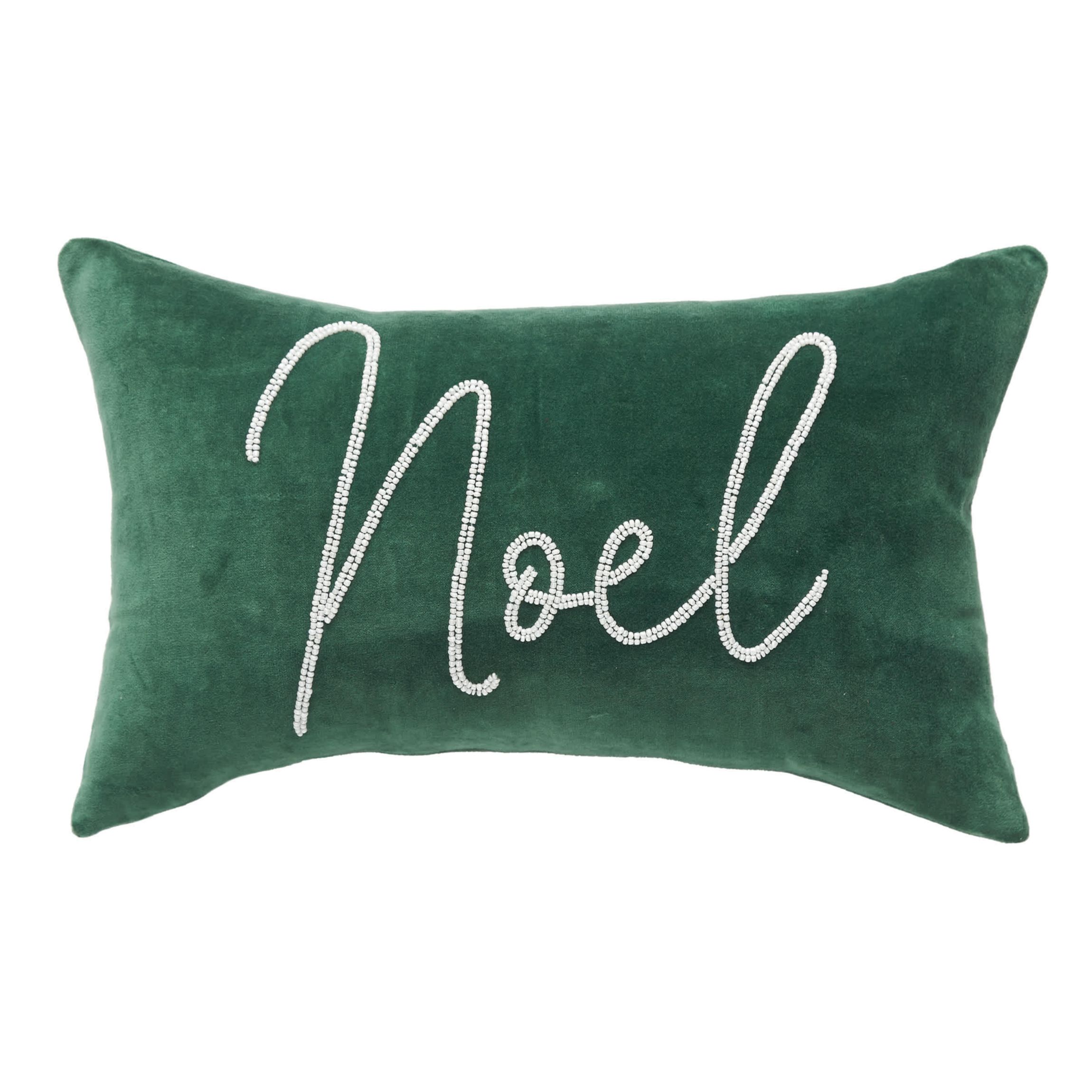 Noel Green Velvet Beaded Christmas Throw Pillow 12" x 20"