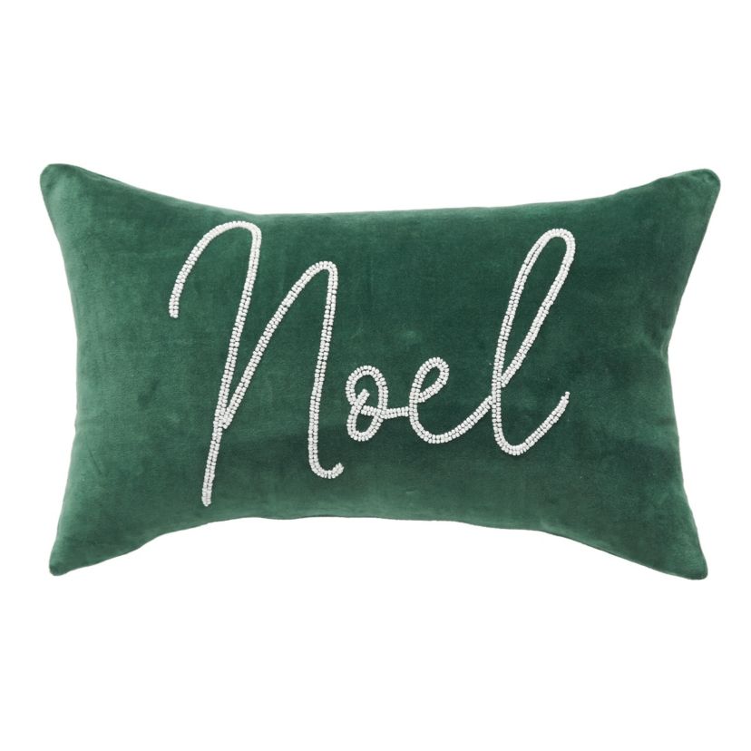 Noel Green Velvet Beaded Christmas Throw Pillow 12" x 20"