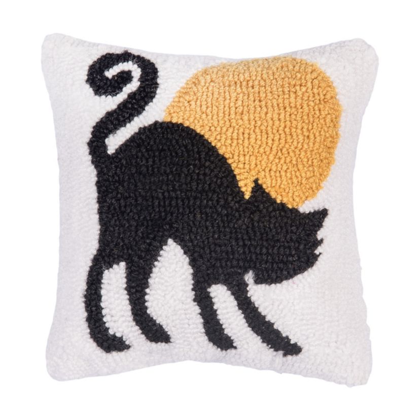 10" x 10" Black Cat Moonlight Hooked Throw Pillow