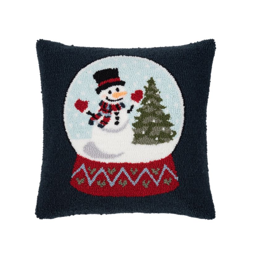 Snowman and Christmas Tree in Snowglobe Hooked Christmas Throw Pillow 18" x 18"