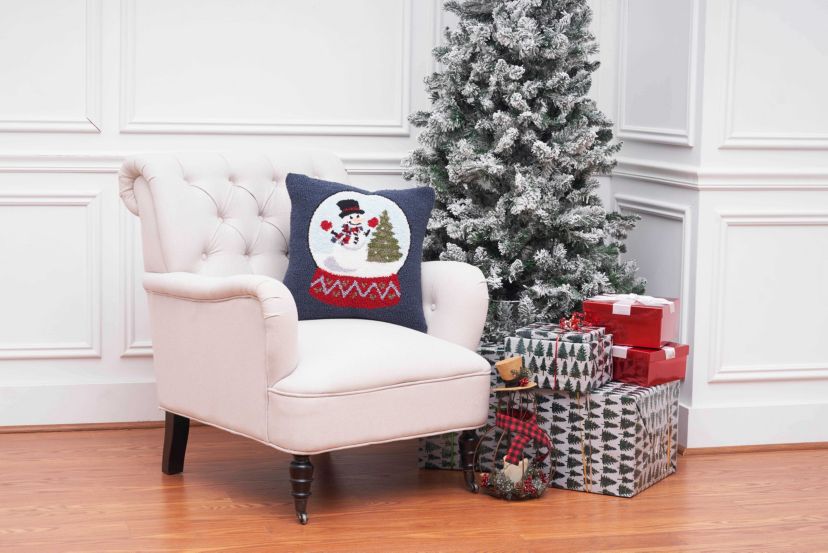 Snowman and Christmas Tree in Snowglobe Hooked Christmas Throw Pillow 18" x 18"