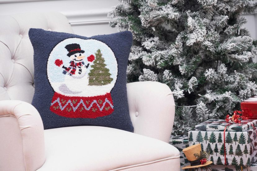 Snowman and Christmas Tree in Snowglobe Hooked Christmas Throw Pillow 18" x 18"