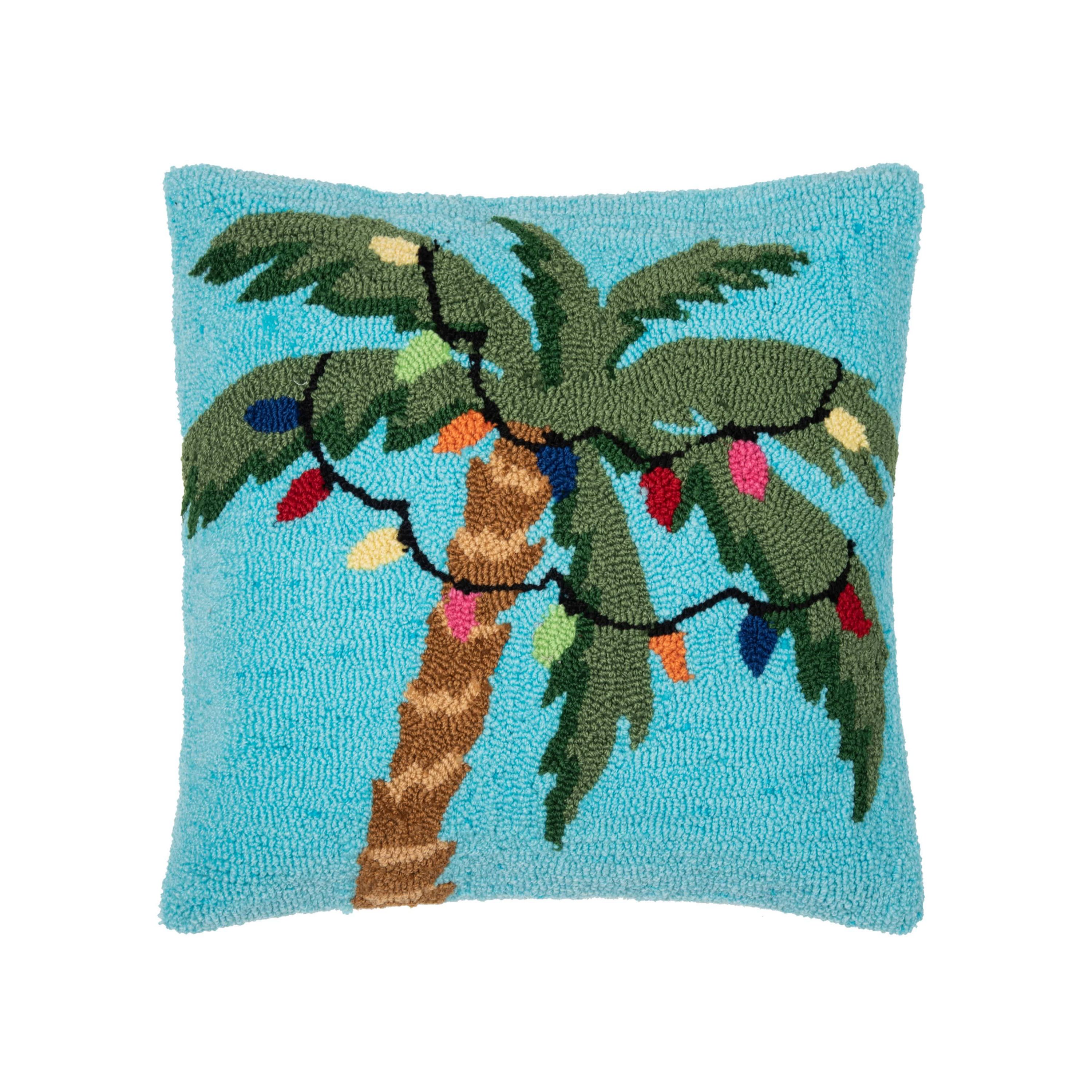 Christmas Palm Tree With Lights Hooked Christmas Throw Pillow 18" x 18"