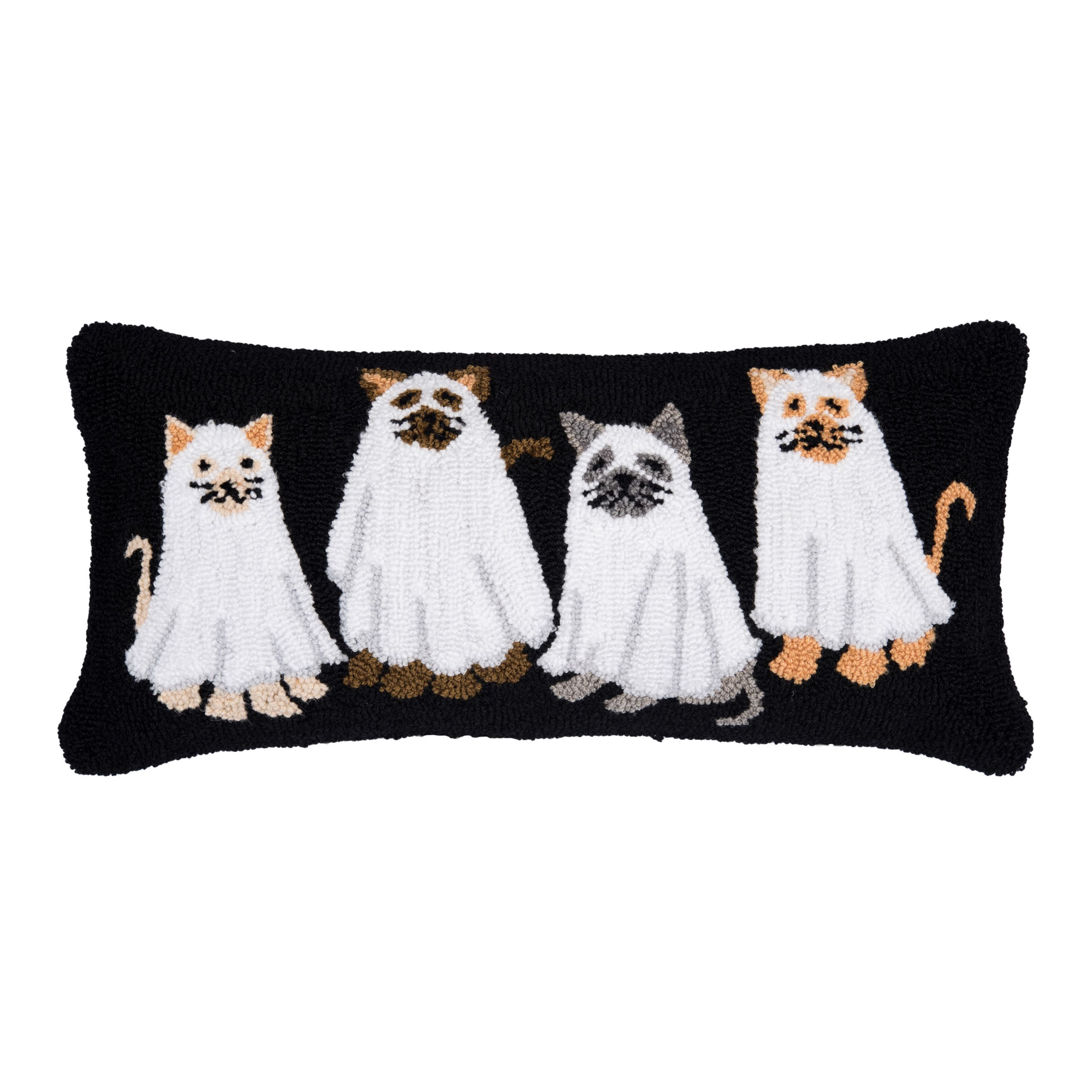 24" x 12" Ghost Cats Hooked Throw Pillow