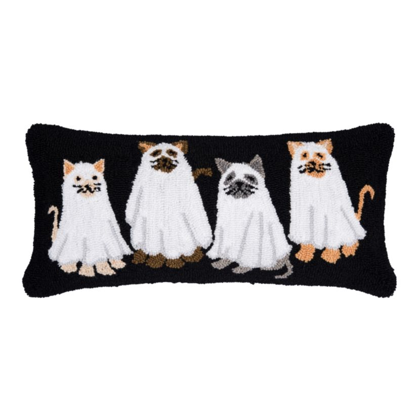24" x 12" Ghost Cats Hooked Throw Pillow