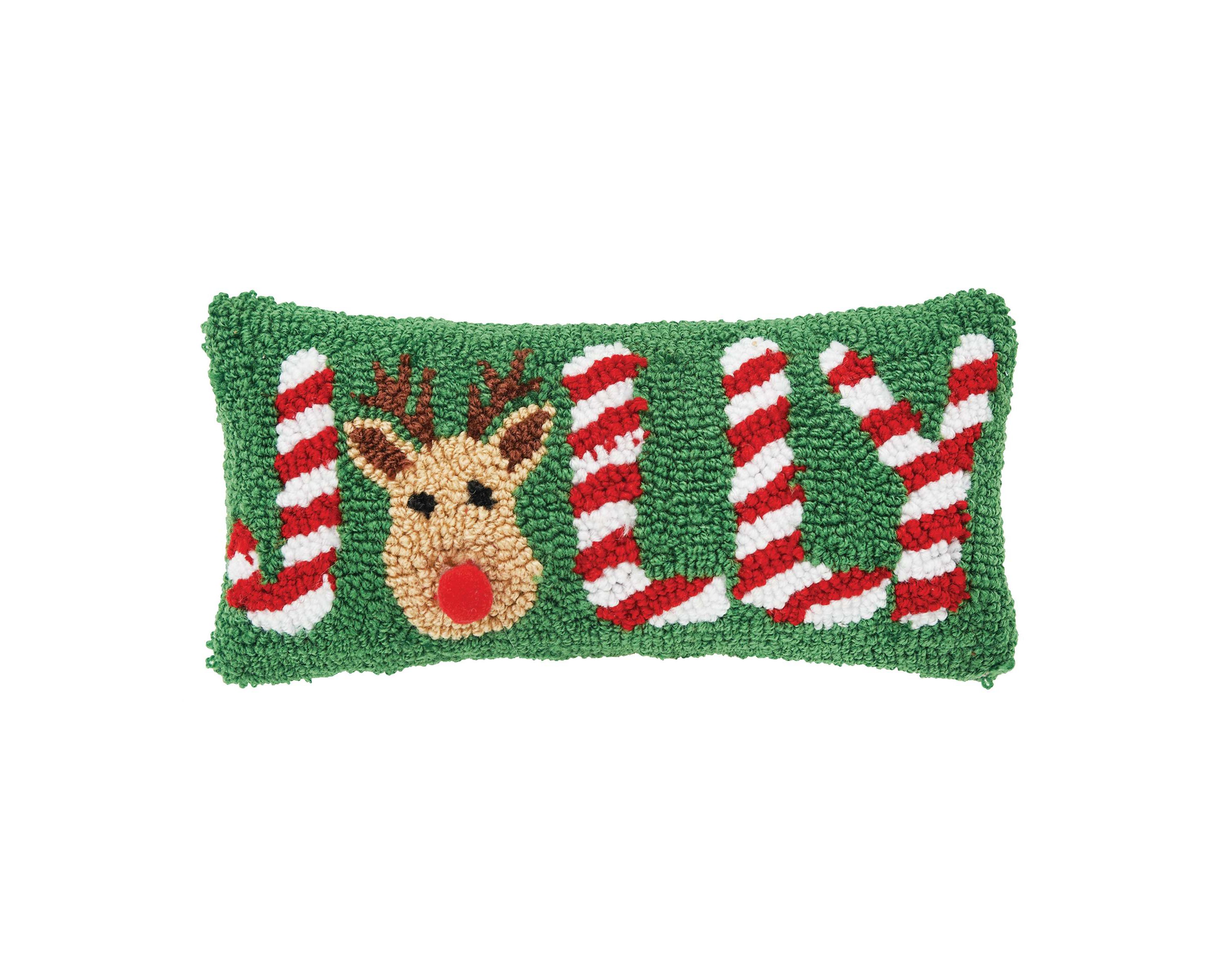 "Jolly" Peppermint Red Nose Reindeer Christmas Throw Pillow 6" x 12"