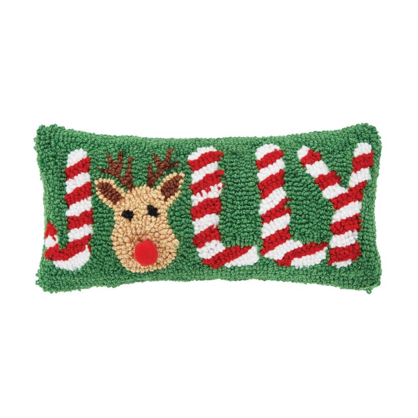"Jolly" Peppermint Red Nose Reindeer Christmas Throw Pillow 6" x 12"