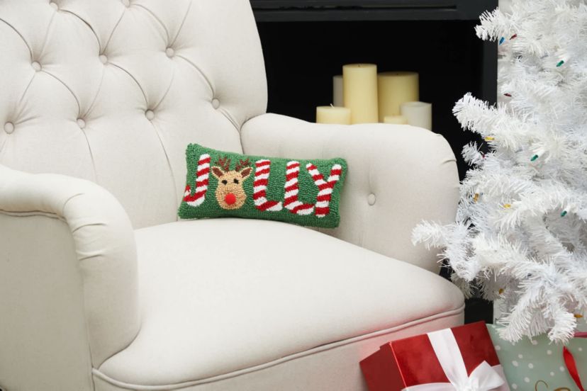 "Jolly" Peppermint Red Nose Reindeer Christmas Throw Pillow 6" x 12"