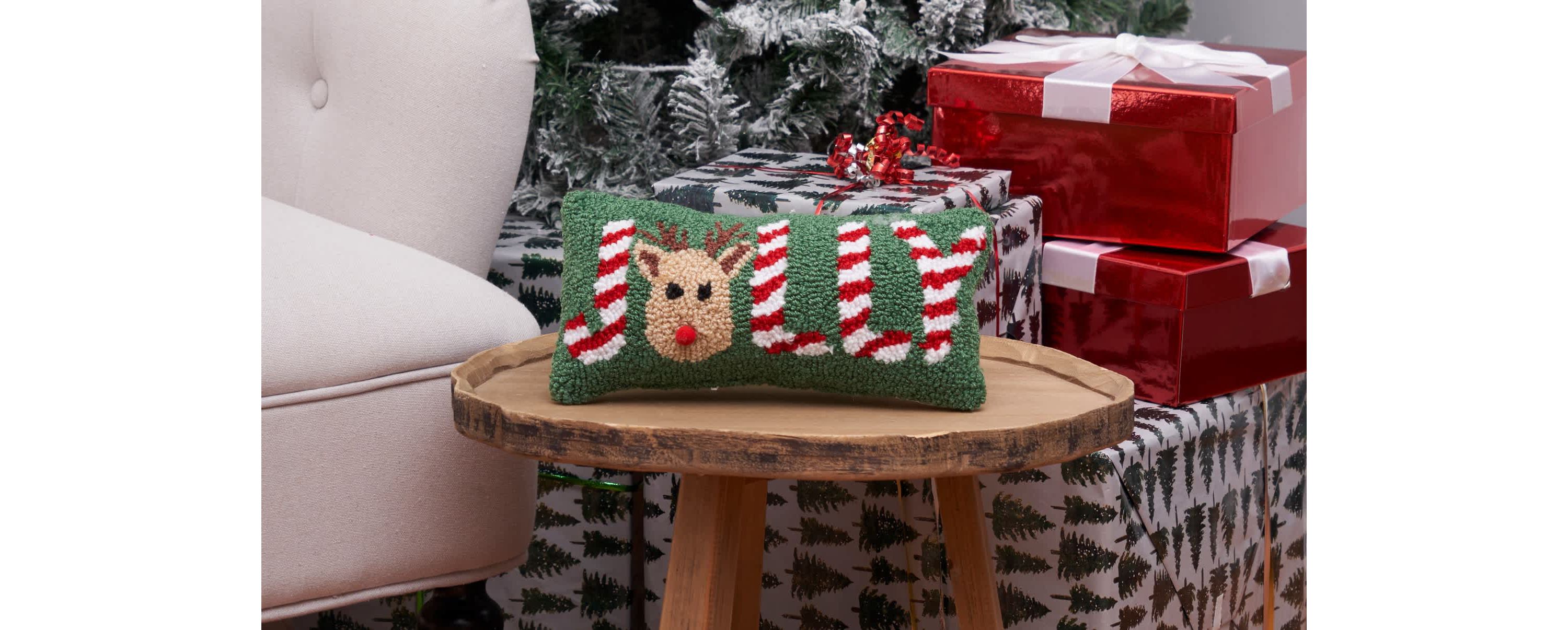 "Jolly" Peppermint Red Nose Reindeer Christmas Throw Pillow 6" x 12"