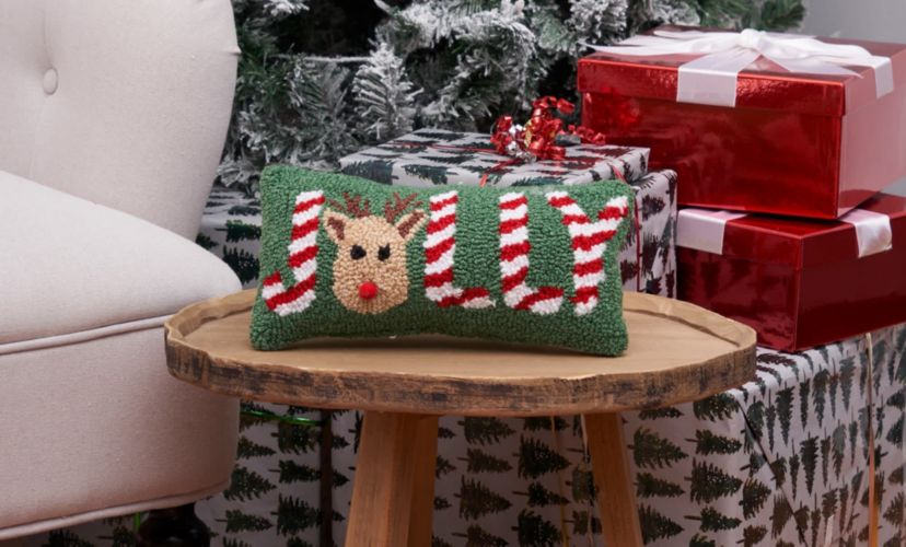 "Jolly" Peppermint Red Nose Reindeer Christmas Throw Pillow 6" x 12"