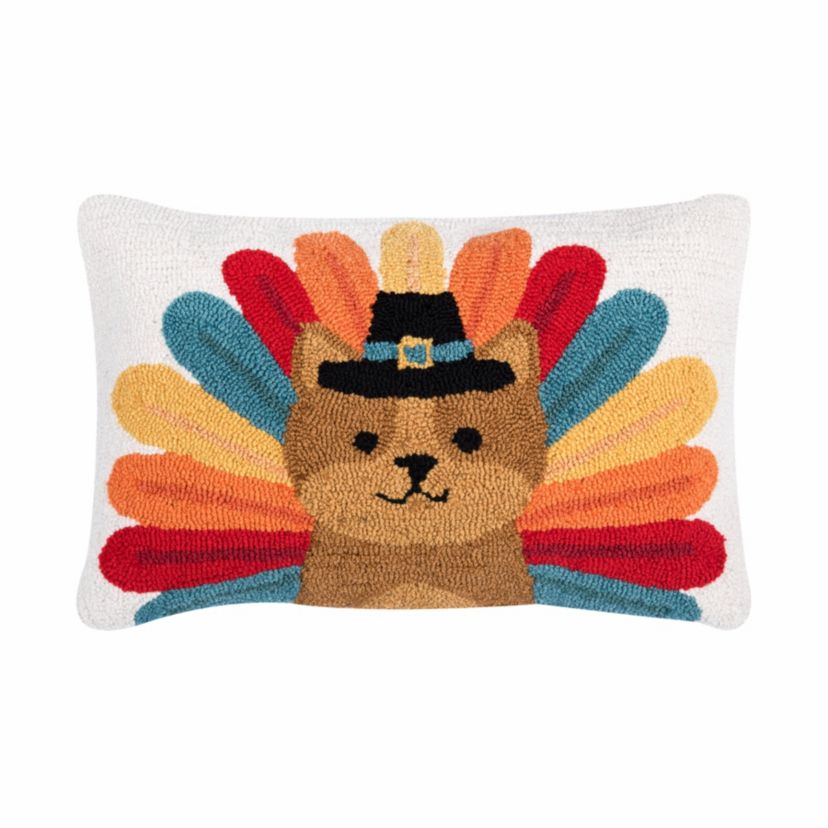 22" x 14" Turkey Cat Hooked Throw Pillow