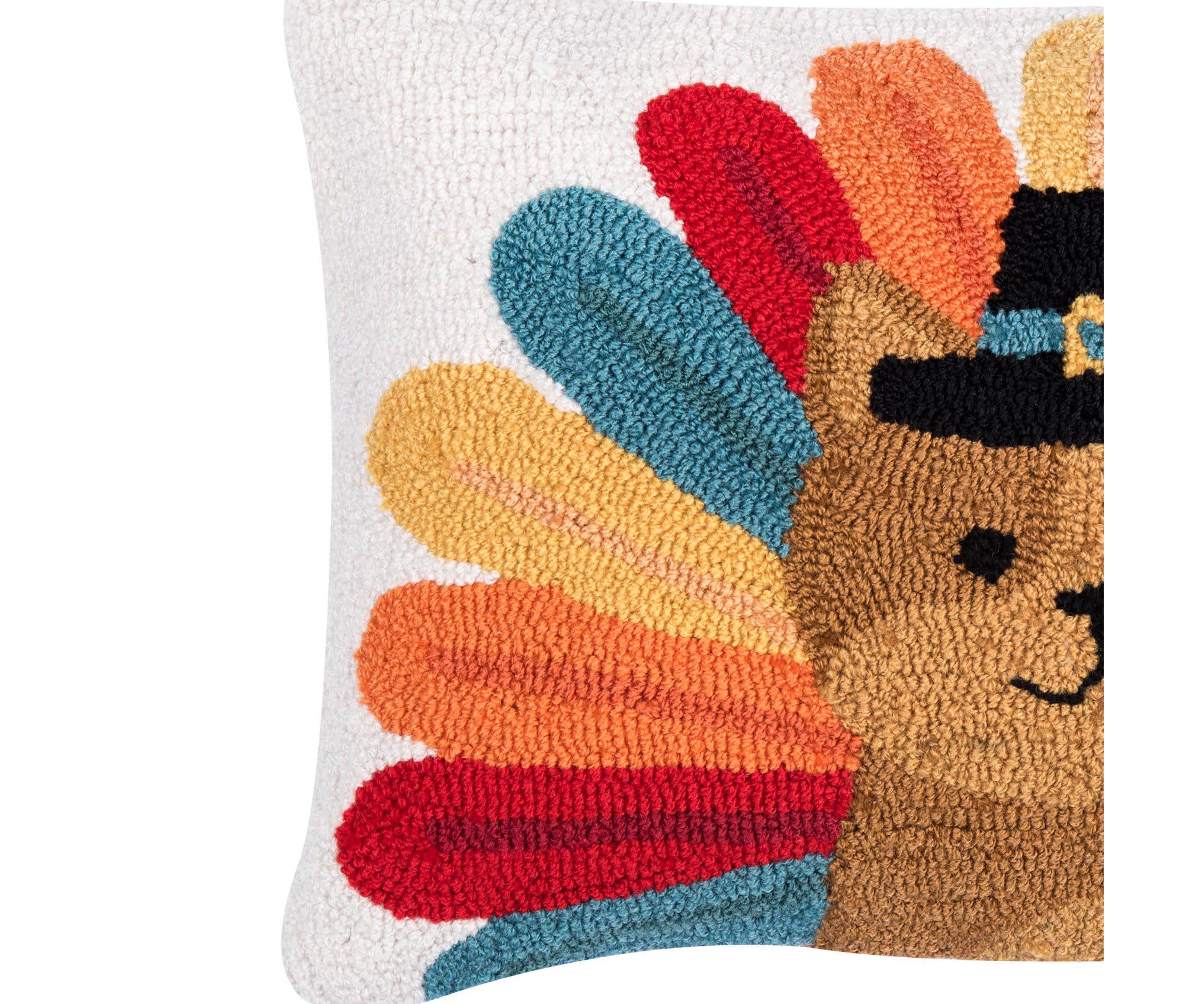 22" x 14" Turkey Cat Hooked Throw Pillow